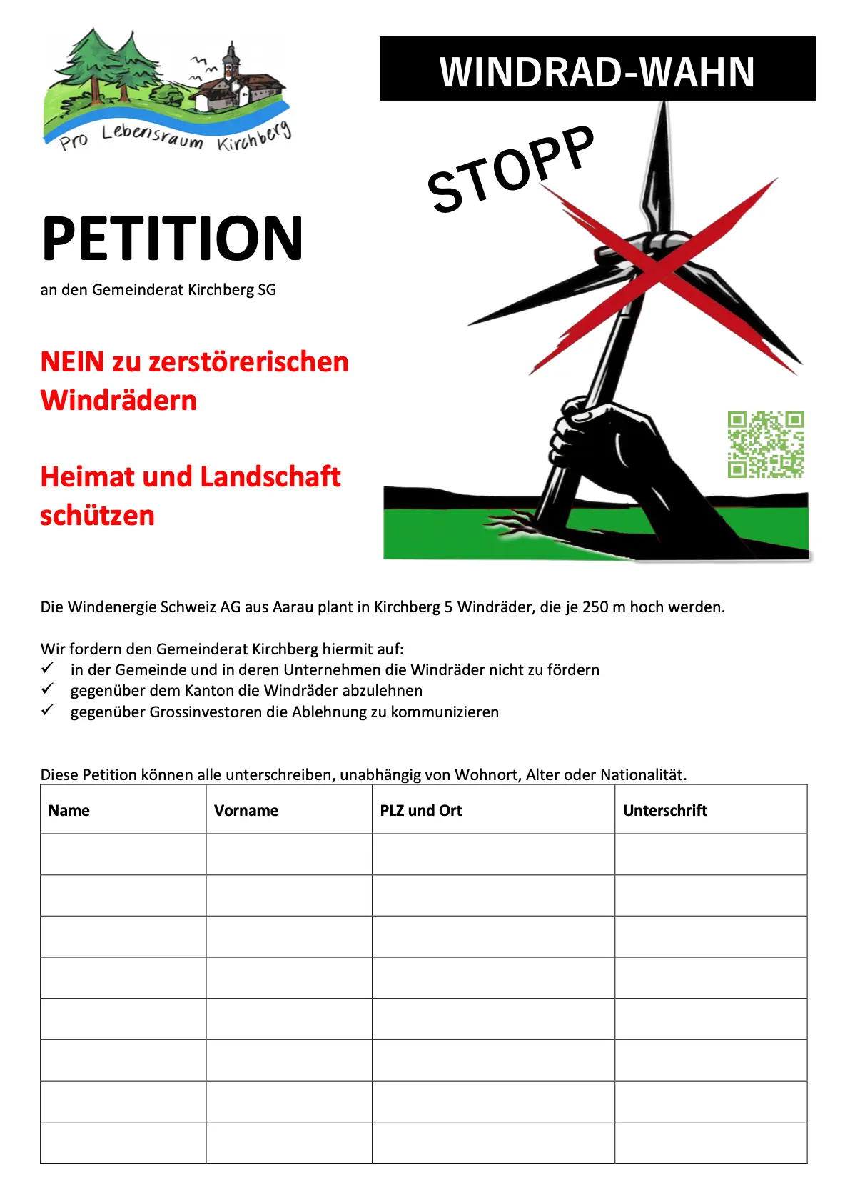 Petition an den Gemeinderat Kirchberg SG: NEIN zu zerstörerischen Windrädern.